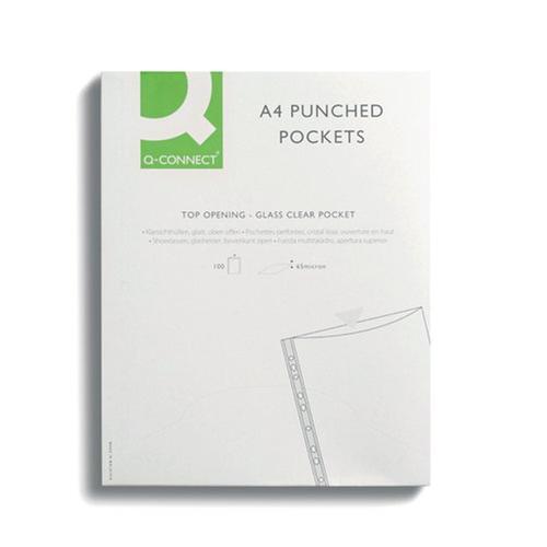 [KF01121] Q-Connect Delux Punched Pocket Top Opening Green Strip A4 Clear PK100