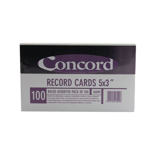 [JT16099] Concord Record Index Card 127mm x 76mm (5x3") Ruled Assorted PK100